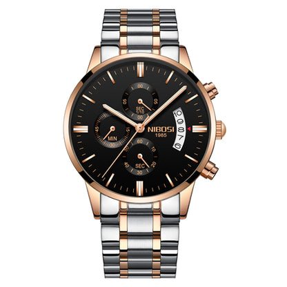 Men's Nibosi chronograph wristwatch with black dial, gold and silver metal band, FashionRay