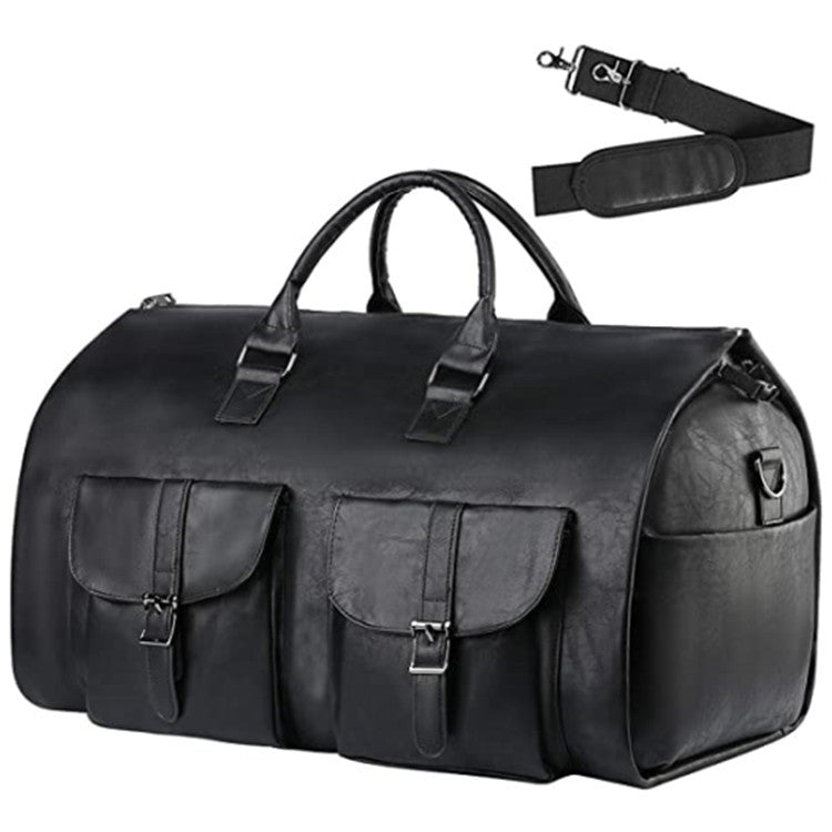 Black leather duffel bag with two front pockets and detachable shoulder strap, FashionRay