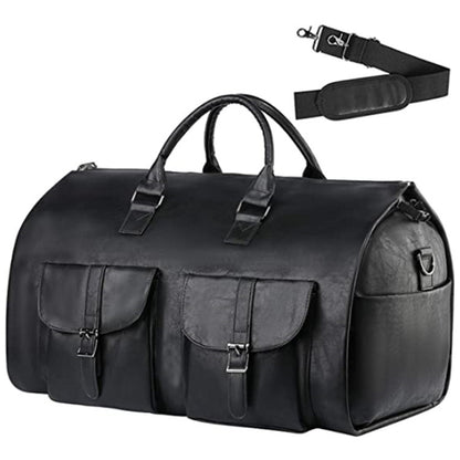 Black leather duffel bag with two front pockets and detachable shoulder strap, FashionRay