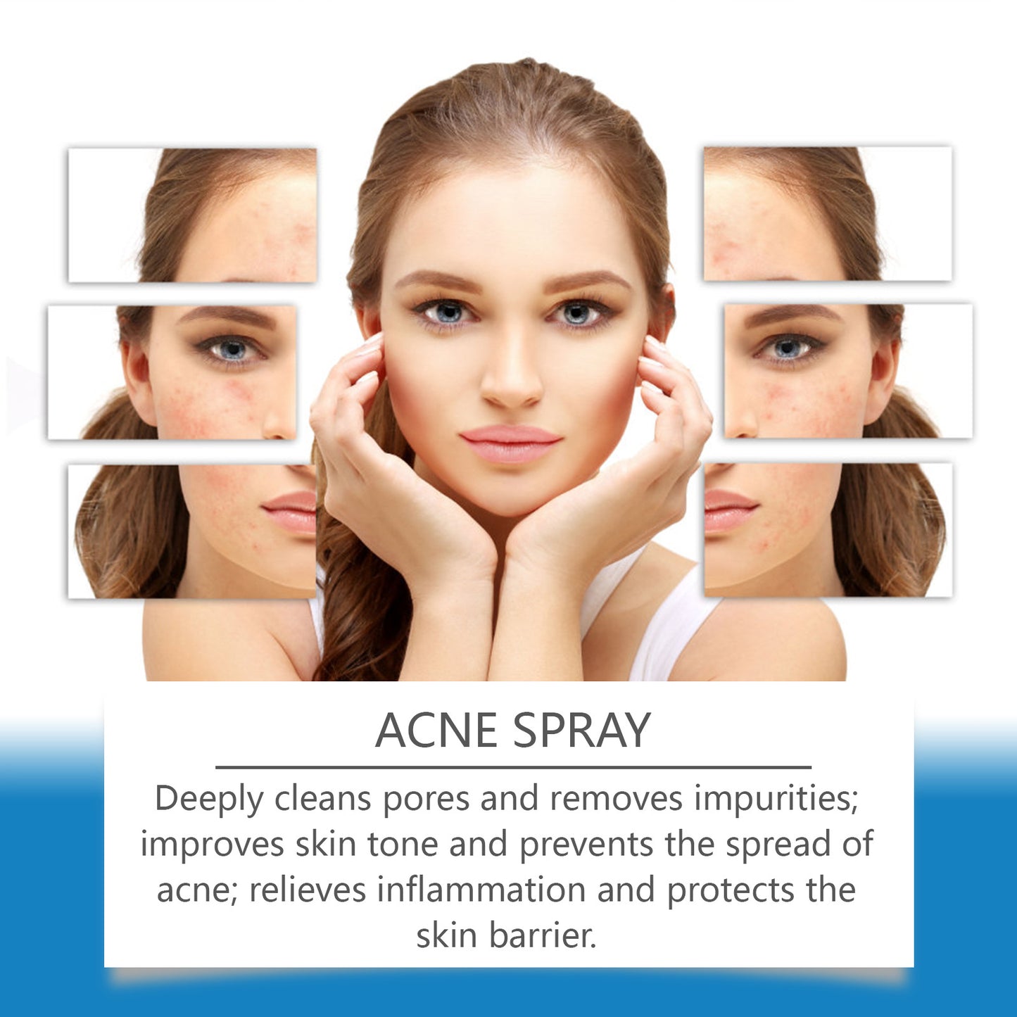 Acne spray skincare ad with woman's clear and acne-affected face comparison, FashionRay style