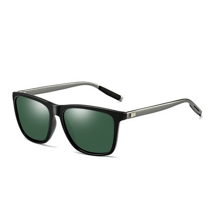 Black square sunglasses with green lenses, trendy eyewear from FashionRay on white background.