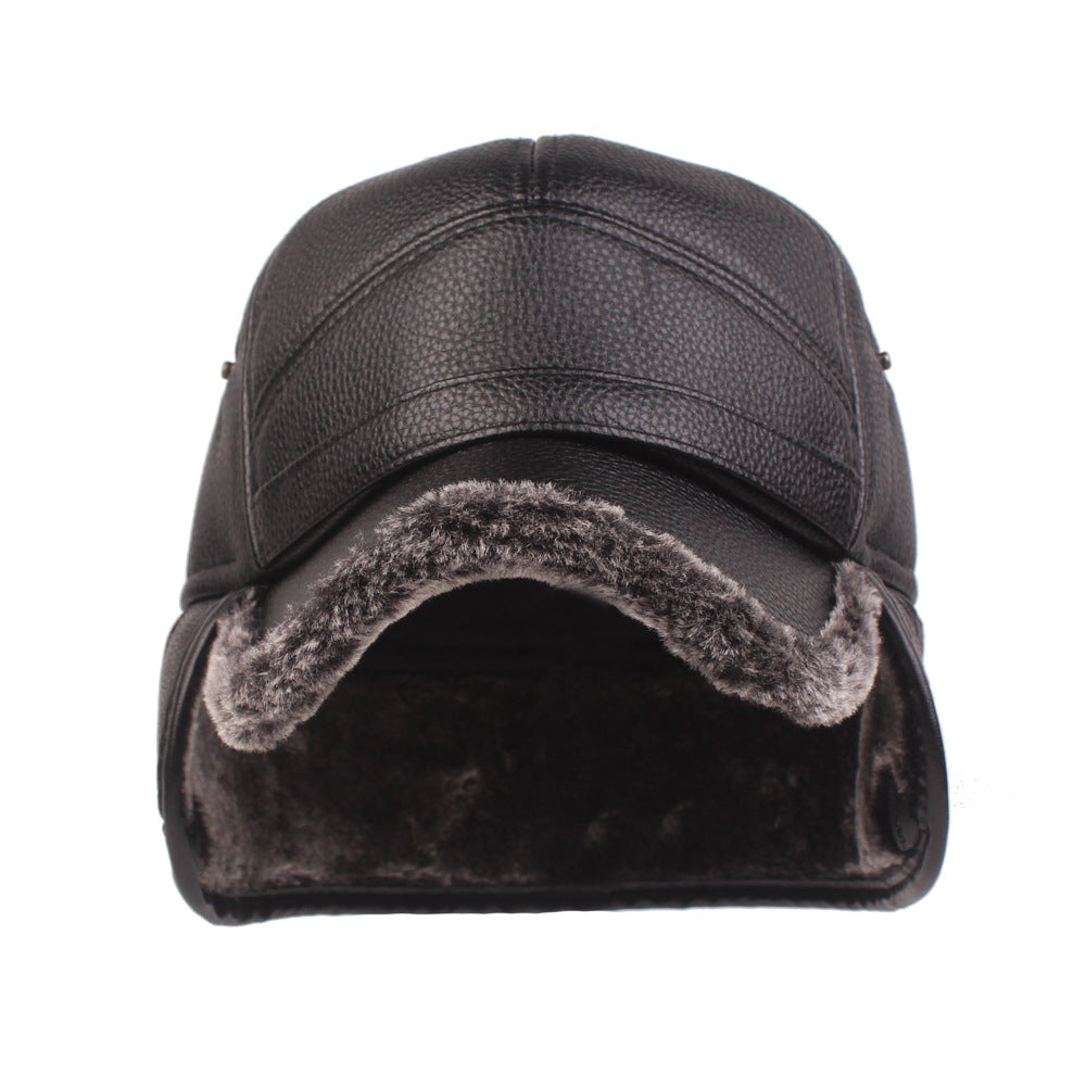 FashionRay black faux leather winter cap with soft fur lining, front view