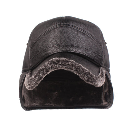 FashionRay black faux leather winter cap with soft fur lining, front view
