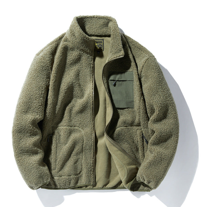 Olive green sherpa fleece jacket with front zipper and utility chest pocket from FashionRay