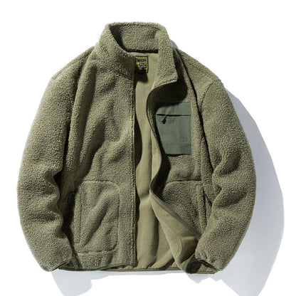 Olive green sherpa fleece jacket with front zipper and utility chest pocket from FashionRay