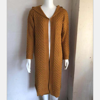 Brown cable knit hooded cardigan displayed on mannequin, FashionRay trendy winter wear