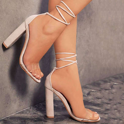 FashionRay nude block heel sandals with ankle strap and clear toe, trendy women's shoes