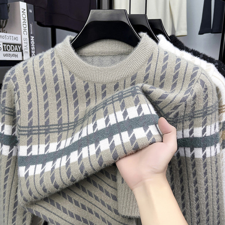 FashionRay soft plaid knit sweater with gray, green, and white stripes on hanger
