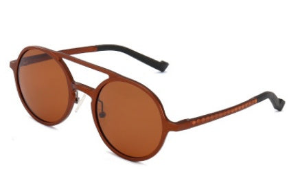 Round brown sunglasses with black temple arms on white background, FashionRay trendy accessory