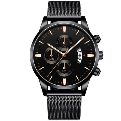 Modern black chronograph watch with mesh strap and gold accents, FashionRay style