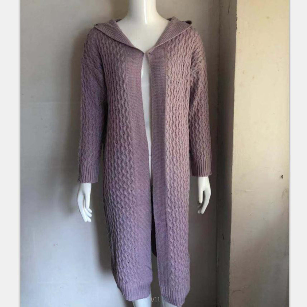 Lilac long cable knit hooded cardigan on mannequin, FashionRay cozy trendy outerwear