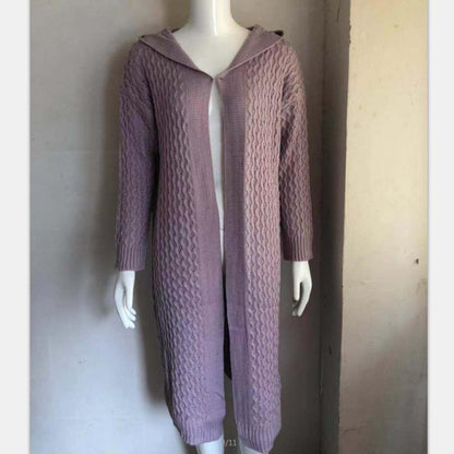Lilac long cable knit hooded cardigan on mannequin, FashionRay cozy trendy outerwear