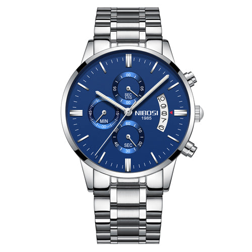 Men's silver stainless steel chronograph watch with blue dial, modern design, FashionRay