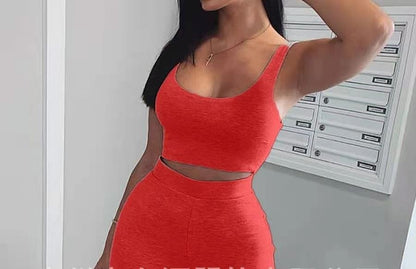 Woman in a red sleeveless crop top and skirt set, stylish FashionRay trendy outfit