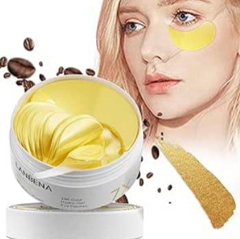 Gold under eye patches and skincare cream with model, FashionRay beauty and comfort style
