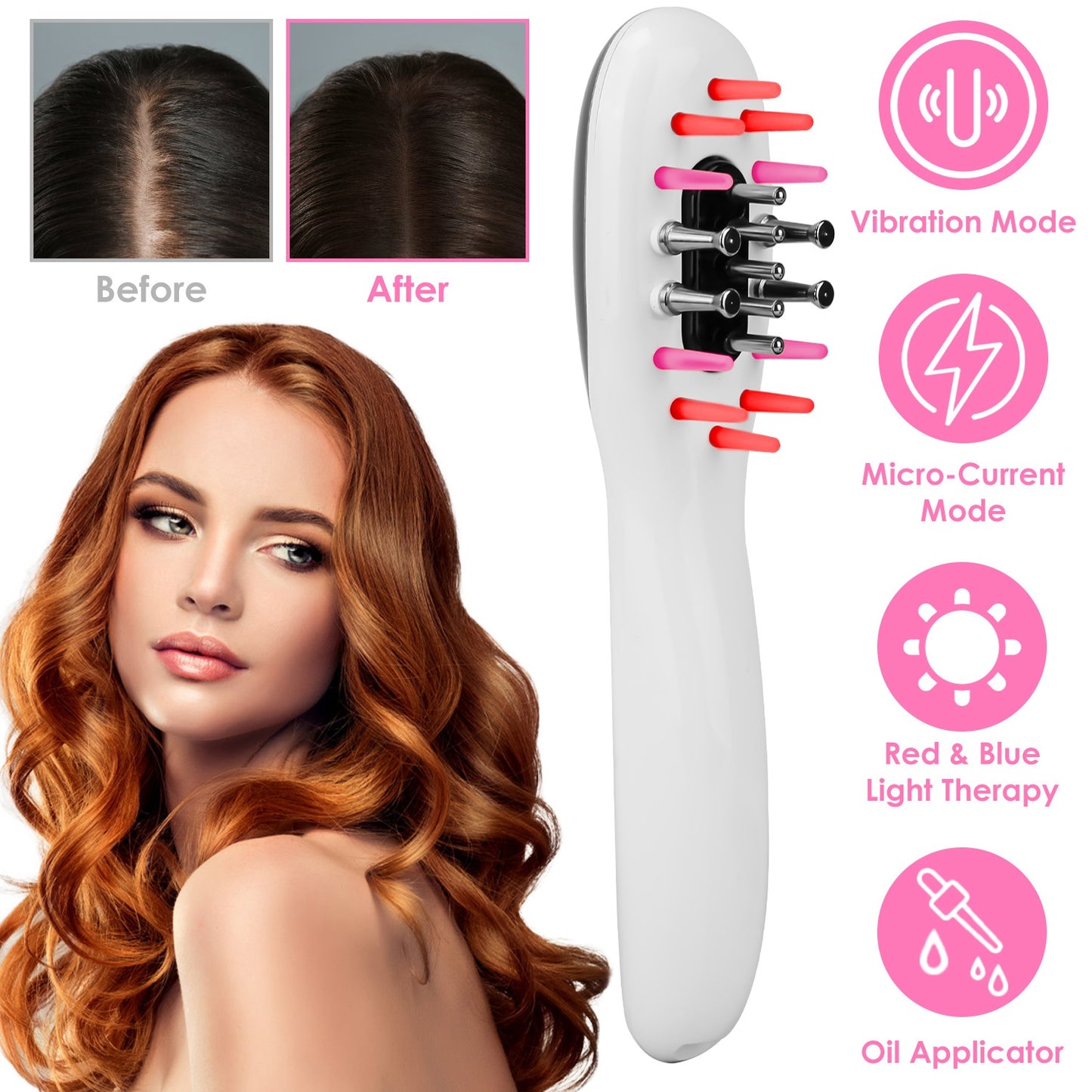 Hair growth comb showing before and after scalp results, features, and woman with healthy hair