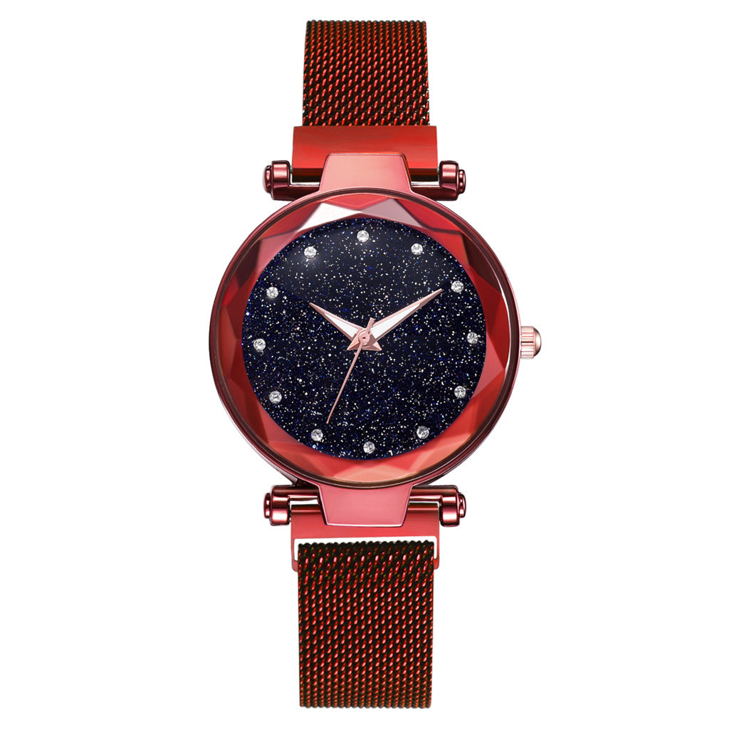 Trendy red mesh strap watch with sparkling black dial from FashionRay