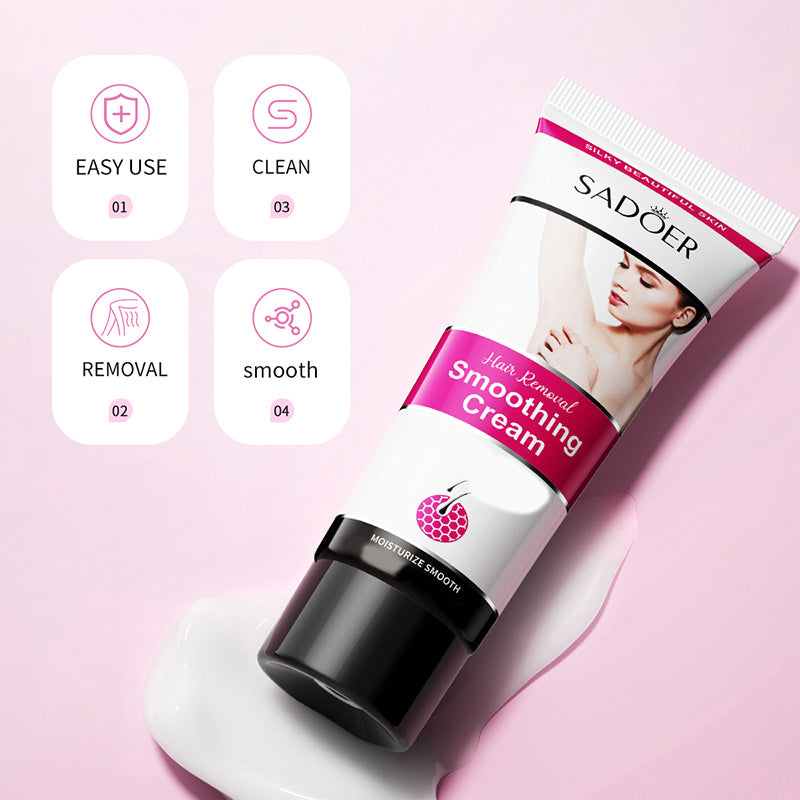 SADOER hair removal smoothing cream tube on pink background with skincare feature icons.