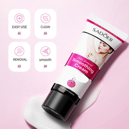 SADOER hair removal smoothing cream tube on pink background with skincare feature icons.