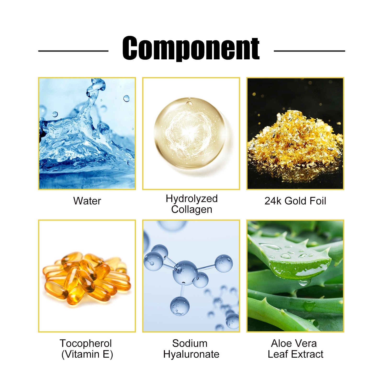 FashionRay skincare ingredient collage with water, hydrolyzed collagen, 24k gold foil, vitamin E, sodium hyaluronate, and aloe vera leaf extract.