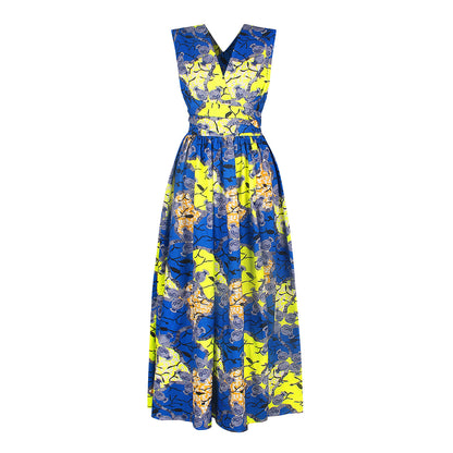 Sleeveless blue and yellow floral maxi dress with V-neckline, FashionRay trendy women's fashion
