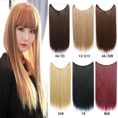 Woman with long straight blonde hair wearing a black top, surrounded by six hair extension color options.