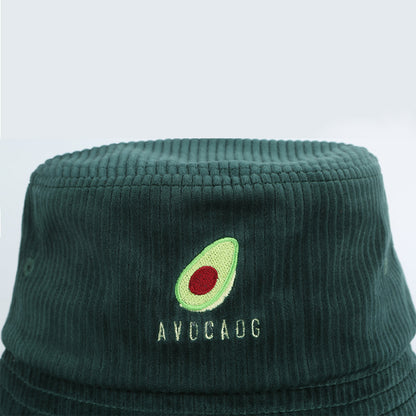 Dark green corduroy bucket hat with embroidered avocado design and AVOCADO text, FashionRay accessory