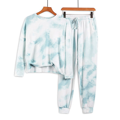 Light blue tie-dye lounge set with long sleeve top and jogger pants, trendy comfy fashion