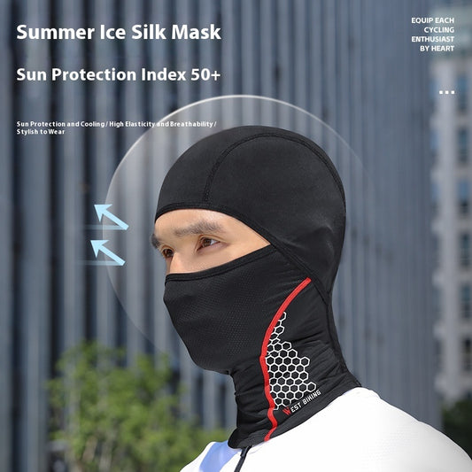 Man wearing black summer ice silk mask for cycling, UV 50+ sun protection, outdoor urban setting