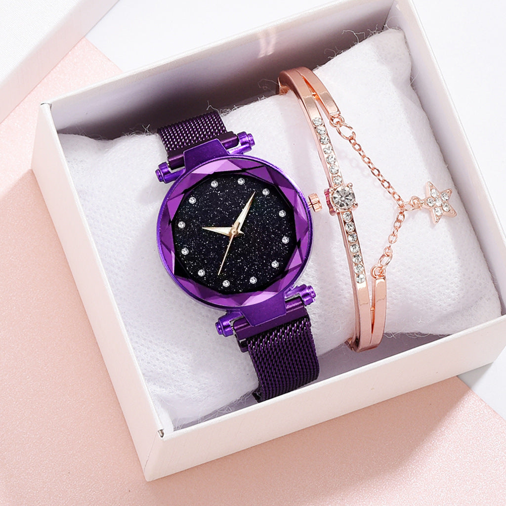 Purple glitter fashion watch and rose gold bracelet set in gift box, FashionRay style