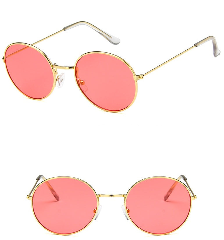 Round pink sunglasses with gold metal frame, stylish eyewear from FashionRay