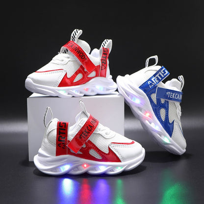 FashionRay kids’ white sneakers with red and blue accents and LED light-up soles on display