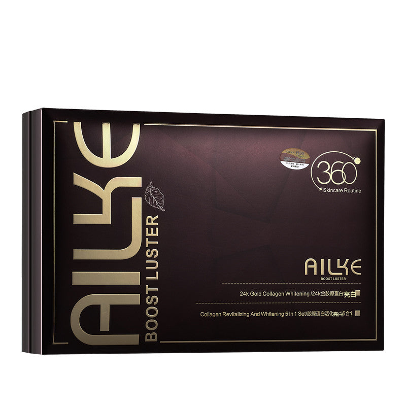 AILKE Boost Luster 24k Gold Collagen Whitening skincare set box, premium black and gold packaging