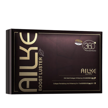 AILKE Boost Luster 24k Gold Collagen Whitening skincare set box, premium black and gold packaging