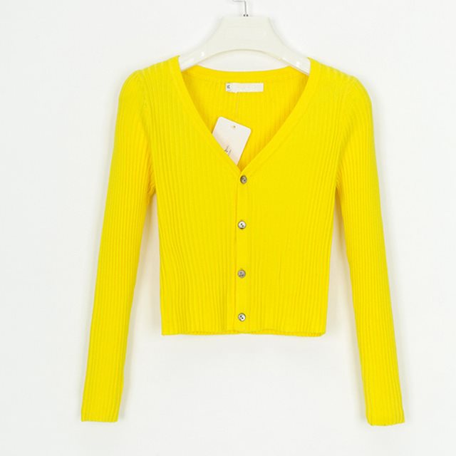 Bright yellow ribbed knit cardigan with V-neck and button front, displayed on hanger