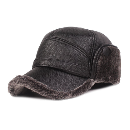 FashionRay black faux leather winter cap with fur lining and ear flaps on white background