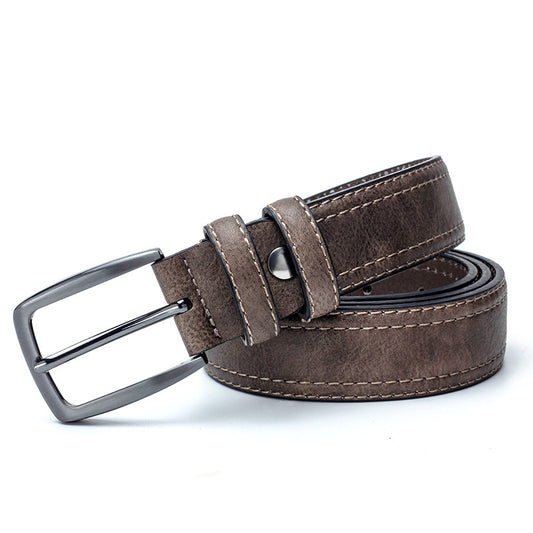 Brown leather belt with silver buckle, stylish men's accessory from FashionRay
