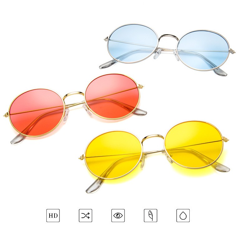 FashionRay round sunglasses with blue, red, and yellow tinted lenses on white background