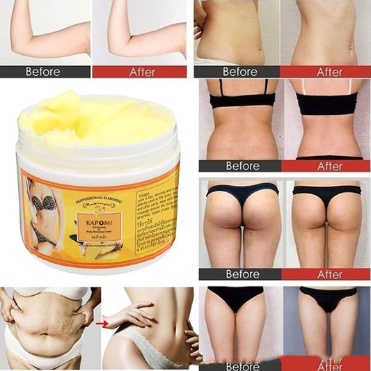Slimming cream jar with before and after body transformation photos, FashionRay weight loss skincare