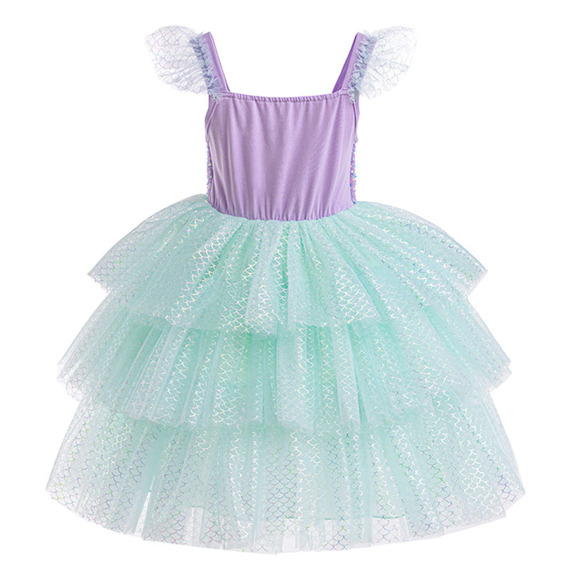 Girls' pastel layered tulle dress with purple bodice and frilled sleeves, FashionRay style