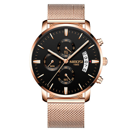 Rose gold mesh band men's watch with black dial and subdials, FashionRay trendy accessory