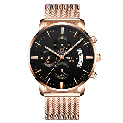 Rose gold mesh band men's watch with black dial and subdials, FashionRay trendy accessory