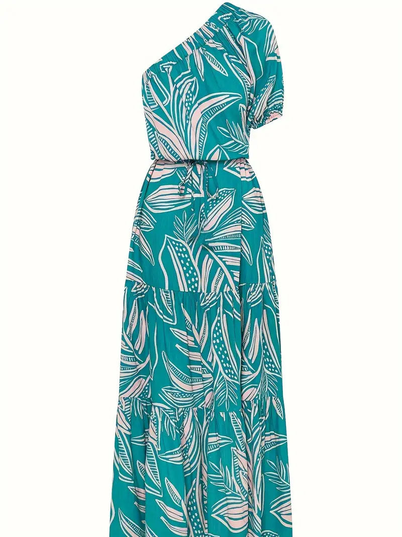 Teal one-shoulder maxi dress with white tropical leaf print, FashionRay trendy women's fashion