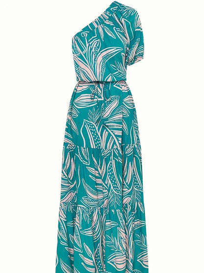 Teal one-shoulder maxi dress with white tropical leaf print, FashionRay trendy women's fashion