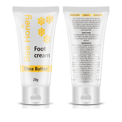 Bee Honey shea butter foot cream tube with front and back labels, 20g size, on white background