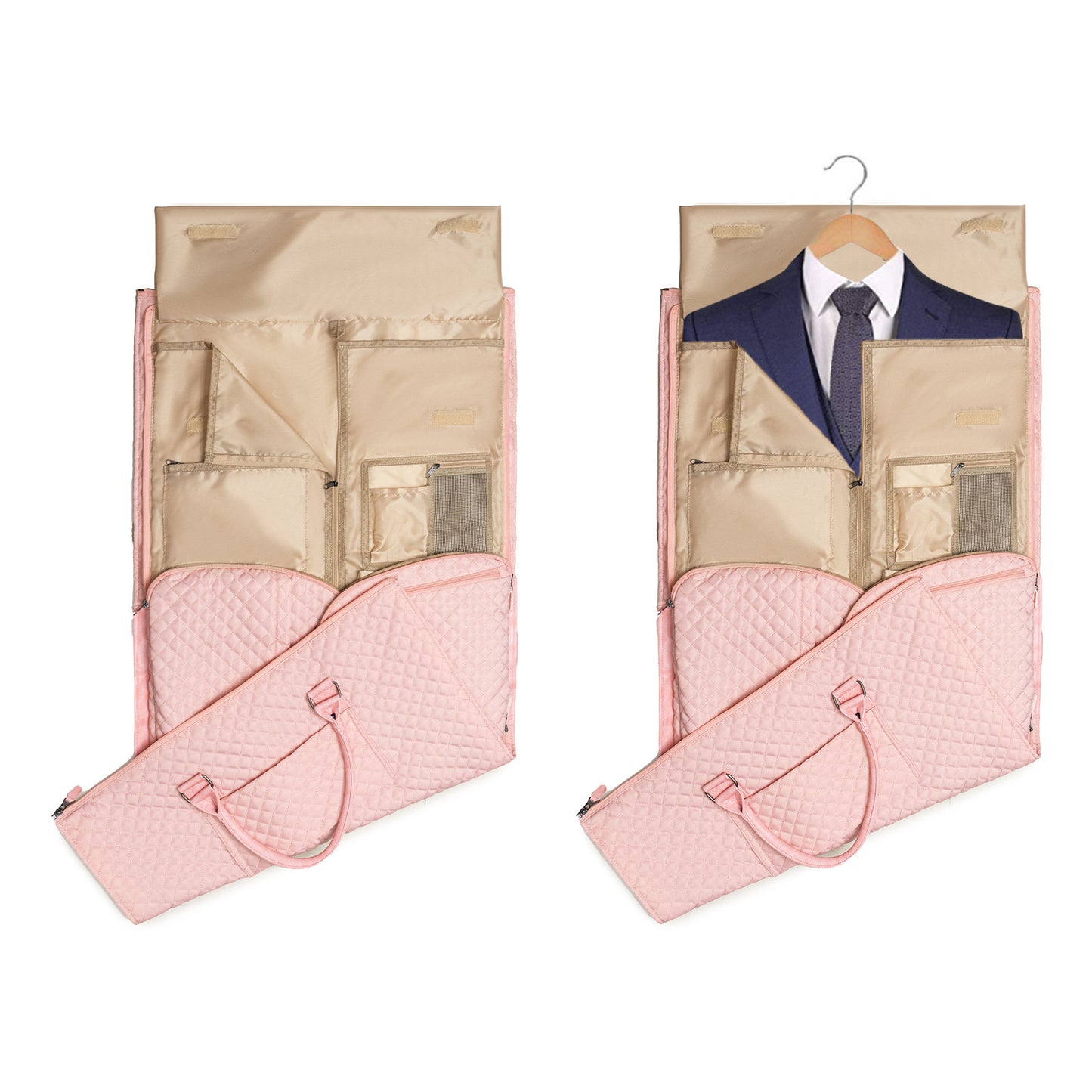 Pink quilted garment bag with beige interior, suit storage, and multiple pockets, FashionRay