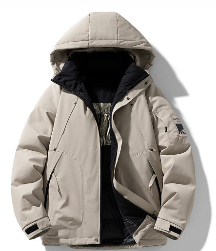 Men's beige hooded winter jacket with black inner lining, trendy outerwear from FashionRay.