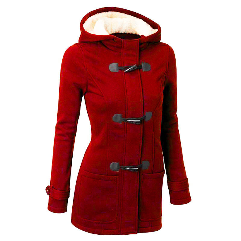 Women's red toggle duffle coat with hood and faux fur lining from FashionRay