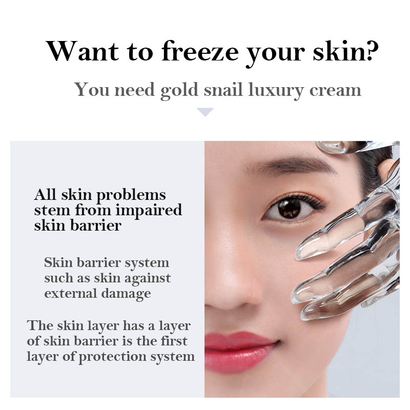 Woman's face with metallic hand, promoting gold snail luxury cream for skin barrier protection on FashionRay.