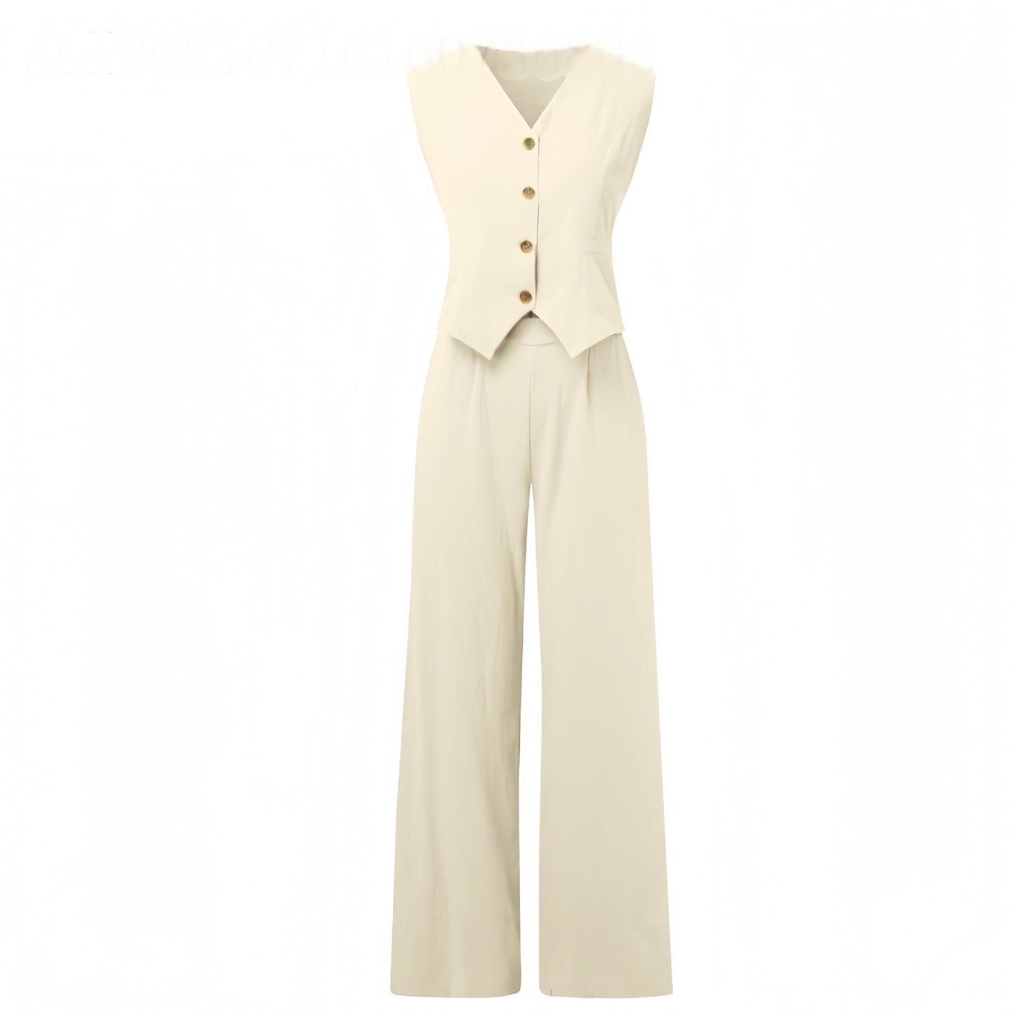 Sleeveless cream vest and wide-leg pants set, modern minimalist fashion from FashionRay